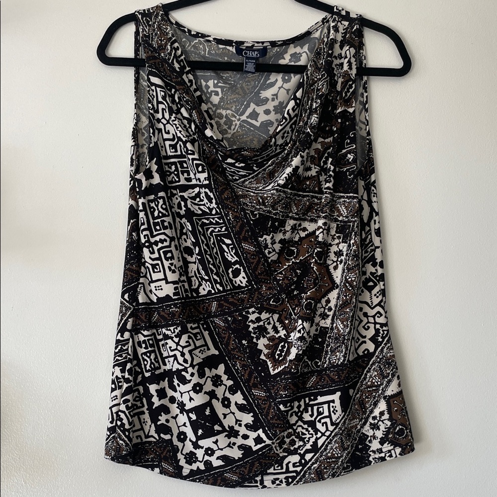 CHAPS|Black/White/Brown Sleeveless Draped Blouse|XL|EUC